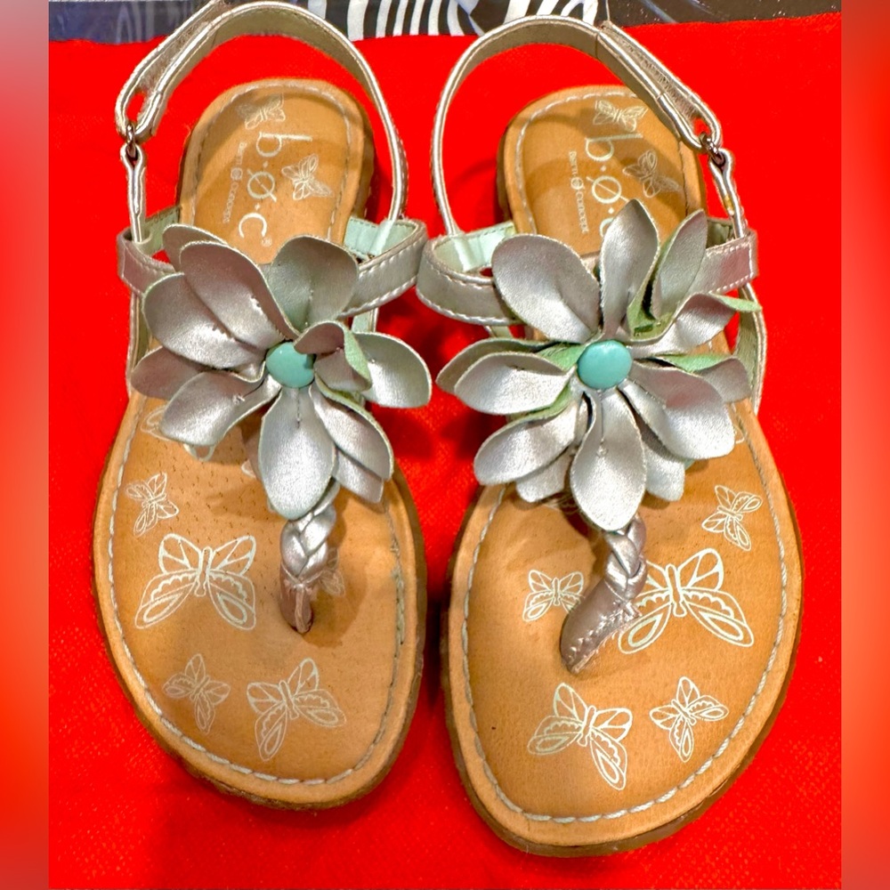 EUC b.o.c Born Concept Girls Silver & Teal Flower Velcro Strap Sandals. Size 12.